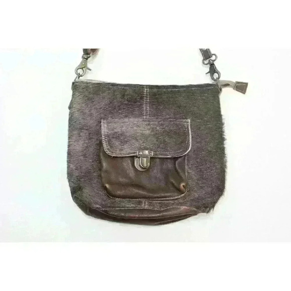 Myra Bag Western Cowgirl On Hide Leather Medium Brown Satchel Crossbody Purse - Picture 4 of 15